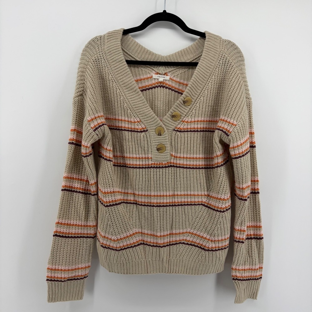 Maurices Medium Sweater Tan Striped Henley V-Neck Button Shaker Knit Boho
